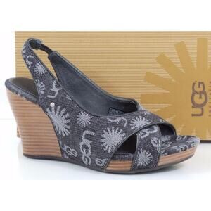 UGG Australia Hazel Denim Platform Wedge Slingback Sandals Black Size 8.5